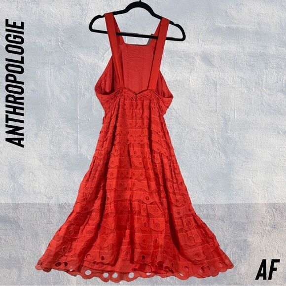 ANTHROPOLOGIE EYELET RUFFLED HALTER TOP MIDI DRESS IN CORAL BLUSH NEW SIZE 8 - Picture 6 of 7